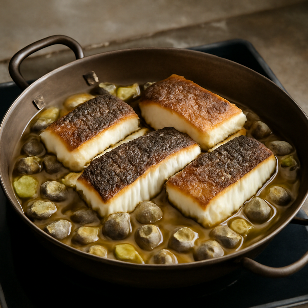 Softened leeks and garlic in the pan with cockles scattered across and seared codling fillets nestled on top skin-side up, pan filled with cider and stock liquid, ready to go into the oven