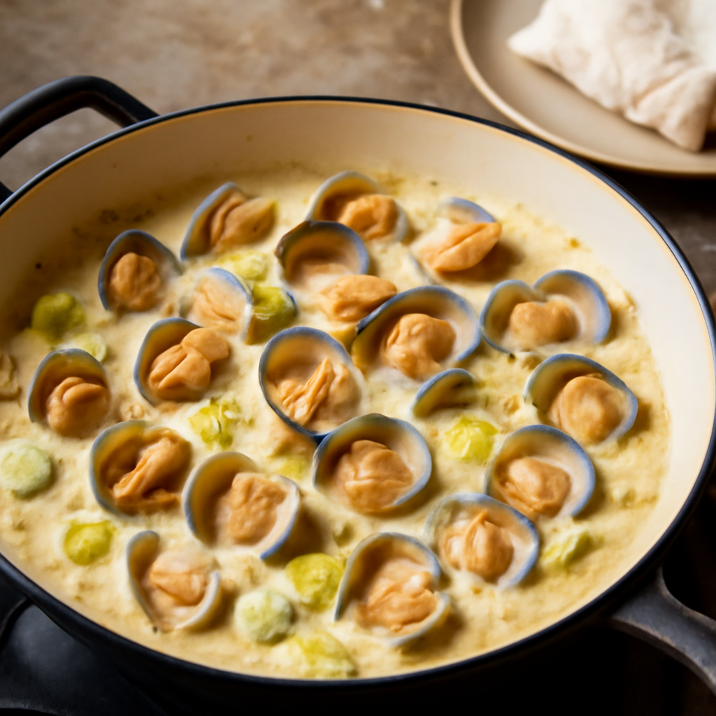 Mustard cream sauce reducing in the pan with cockles returned and warmed through, just before ladling into bowls