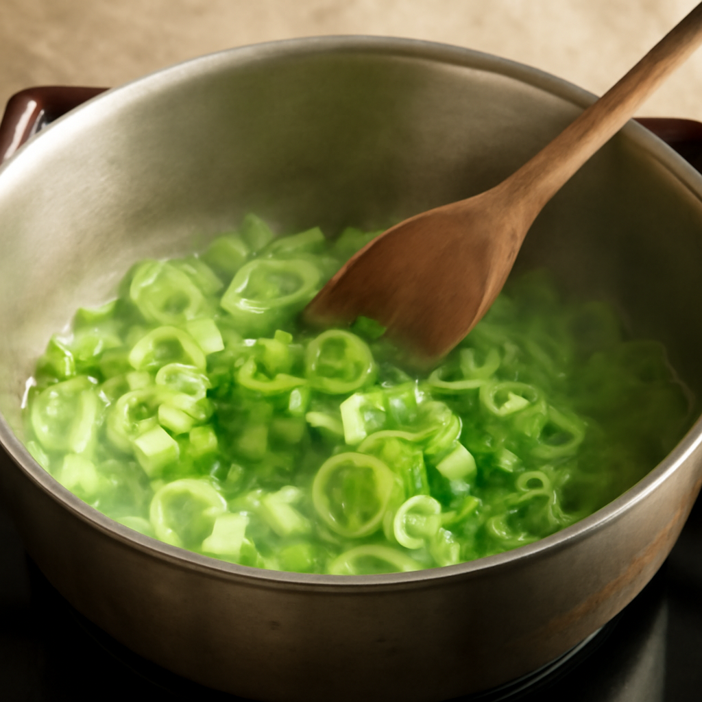 Sweating leek, celery, garlic, and parsley stalks in butter in the saucepan