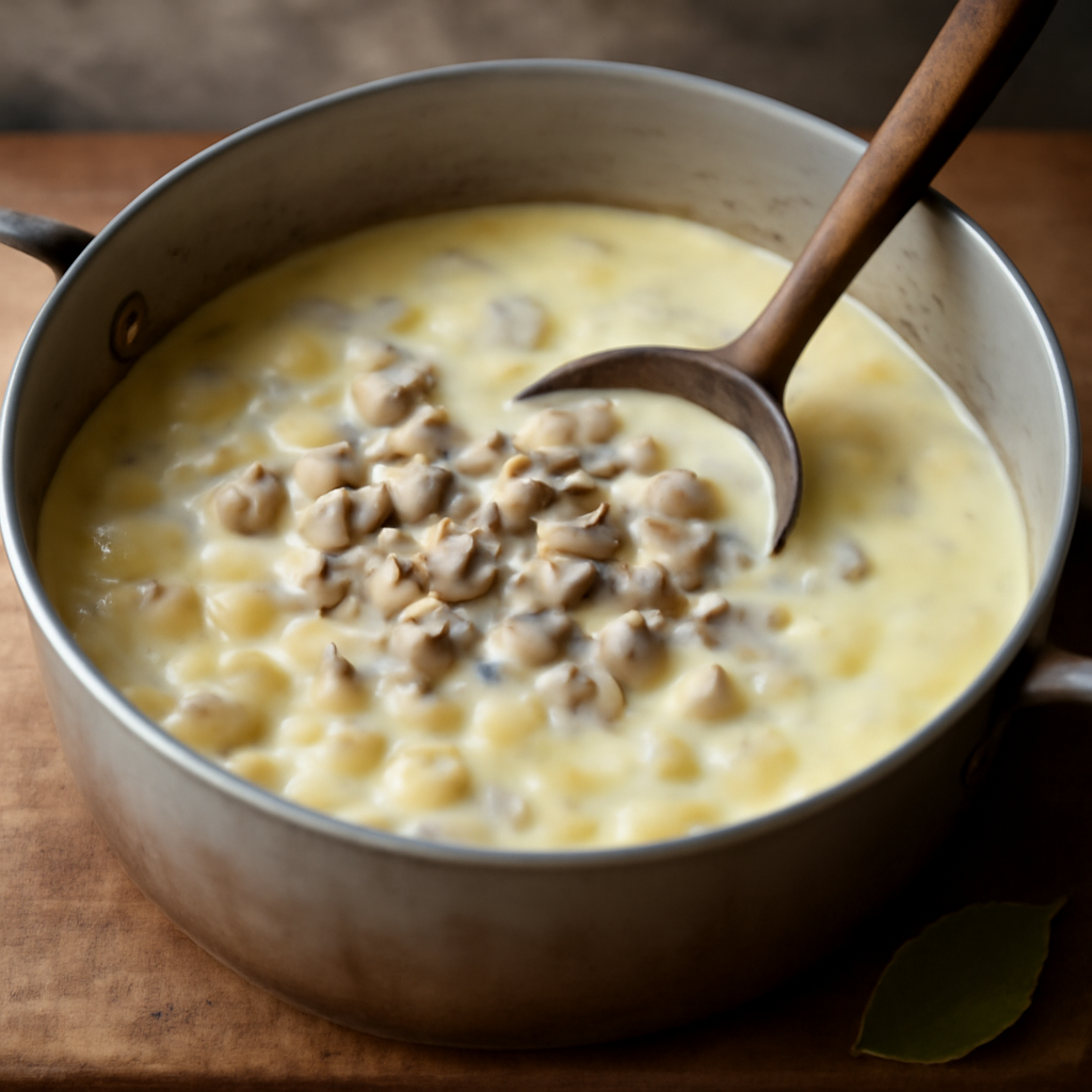 Soup fully simmered with potato and cream; cockle meat just added and warming through in the hot broth, pan still on low heat