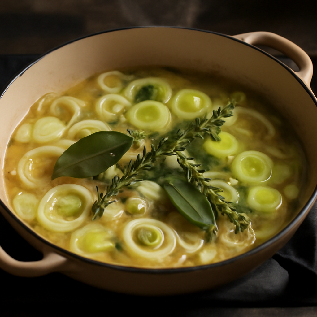 Soften onion, garlic, and leeks in butter and oil; deglaze with cider and stock