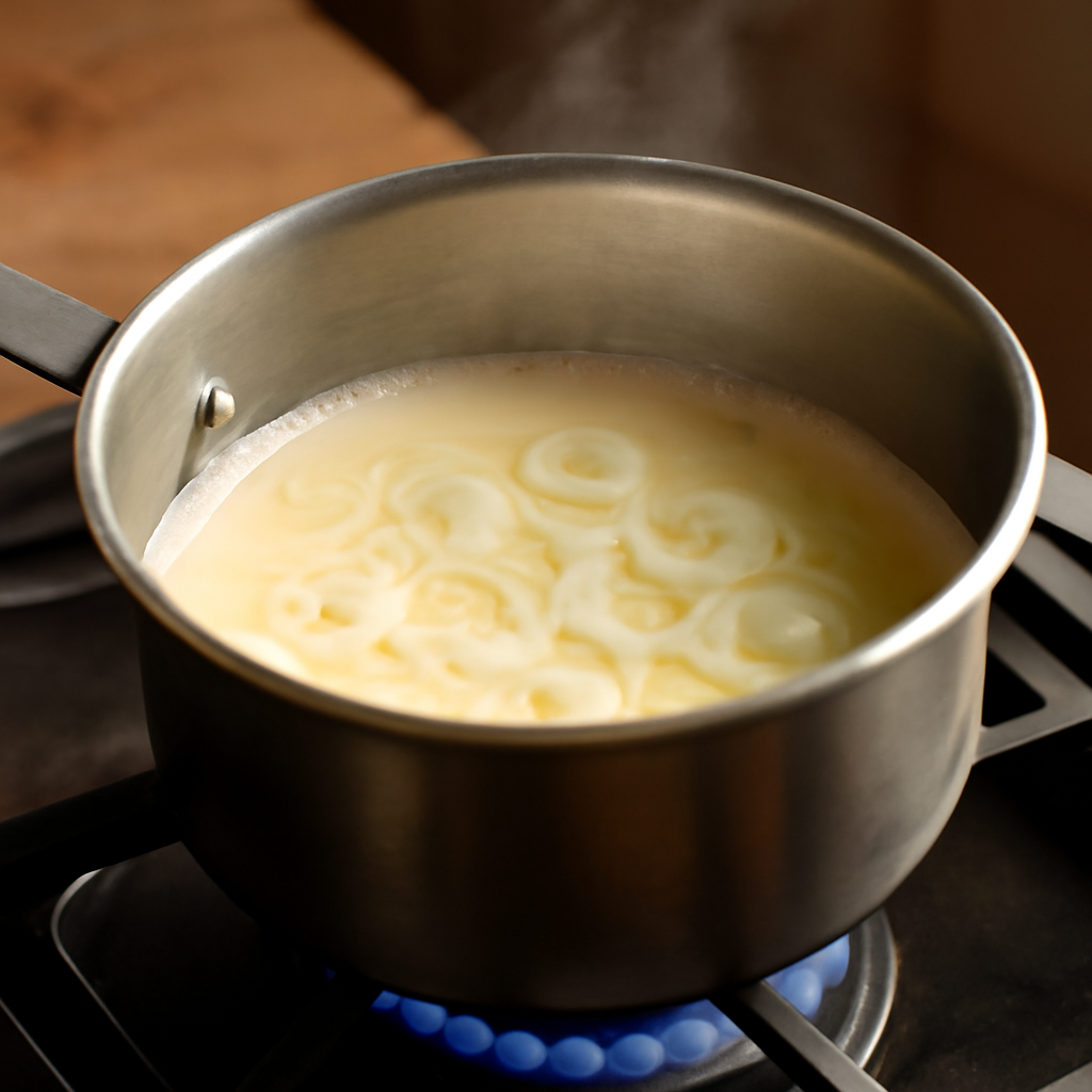 Warm milk and butter mixture in the small saucepan with white spring onion slices softening in it over low heat