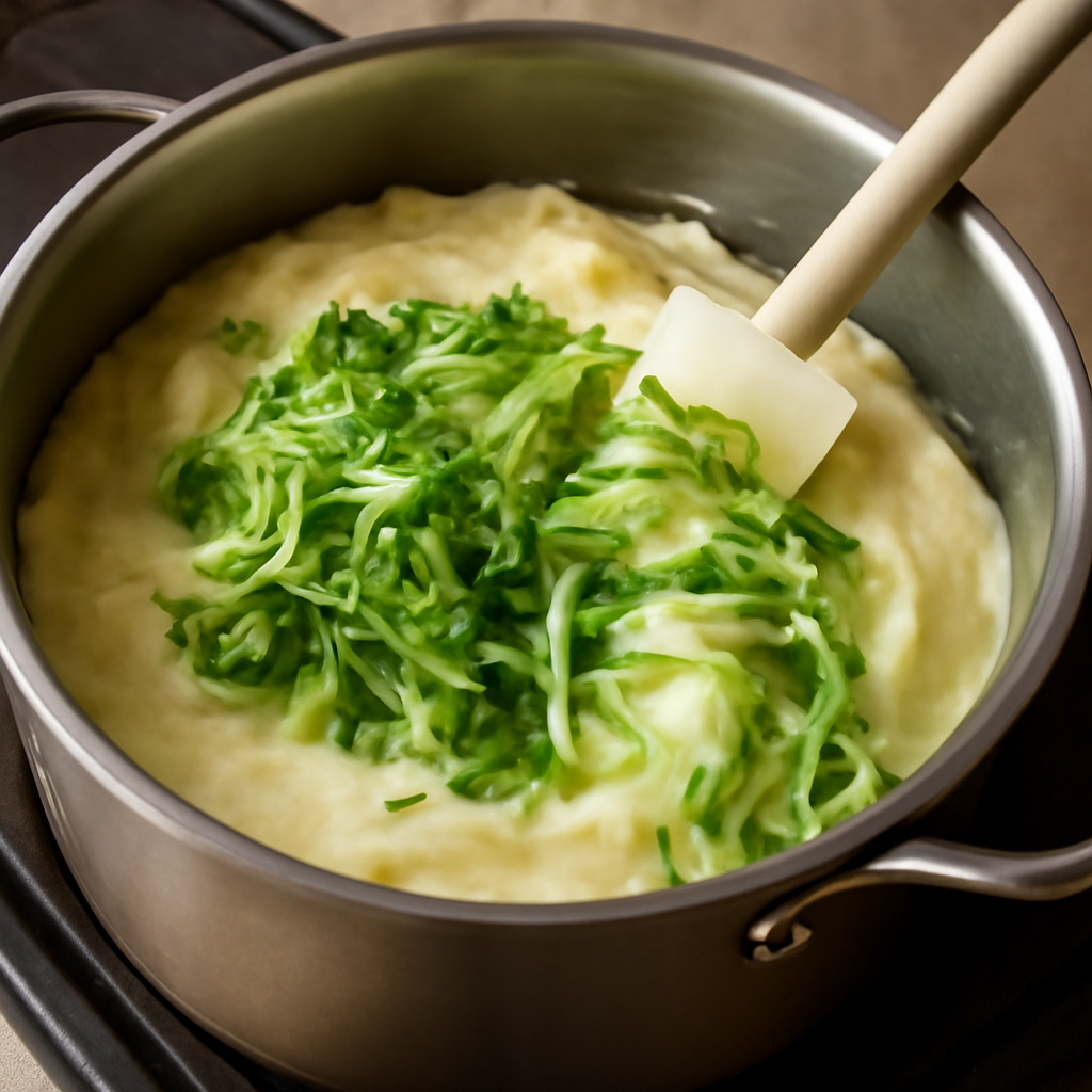 Drained cooked cabbage and green spring onion parts being folded through the smooth hot mash in the large saucepan with a spatula