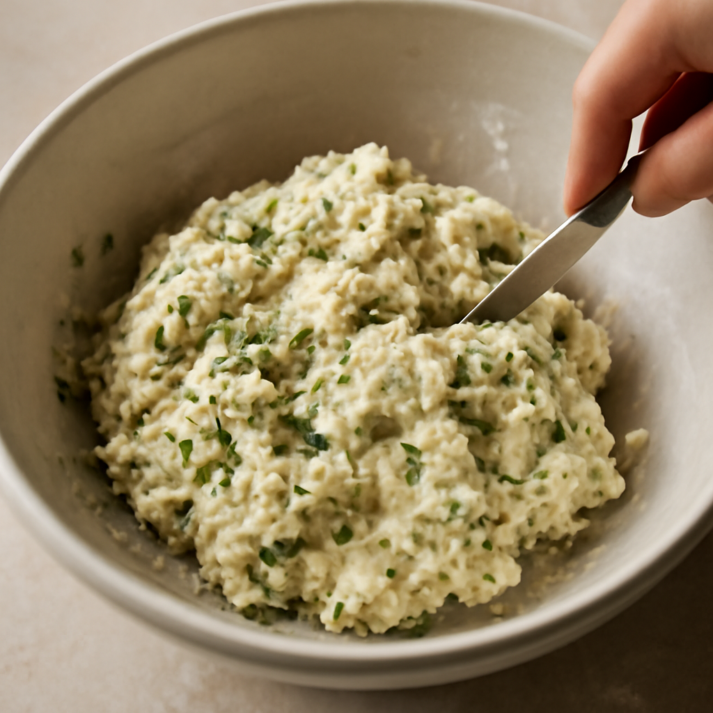 Mixing in the cheese and herbs then combining with the egg-buttermilk liquid until a shaggy dough just comes together