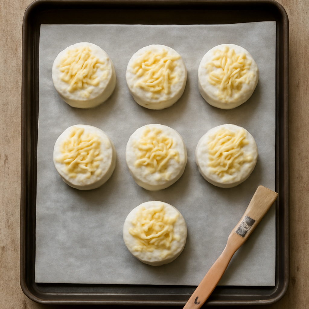 Scones cut and placed on the lined baking tray, brushed with milk and topped with reserved Cheddar, ready to go into the oven