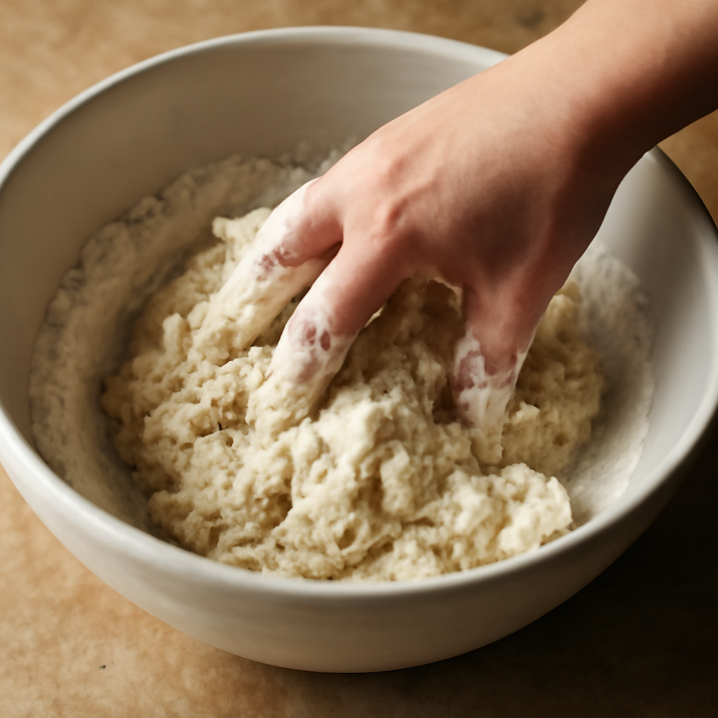 Mixing dough with claw-hand motion until shaggy dough just comes together
