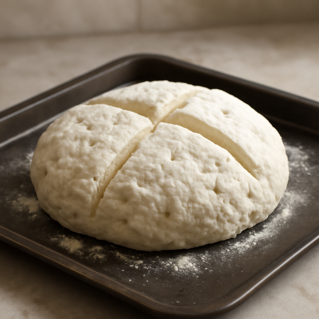 Rough dough round scored with deep cross and pricked, sitting on hot baking tray ready for oven