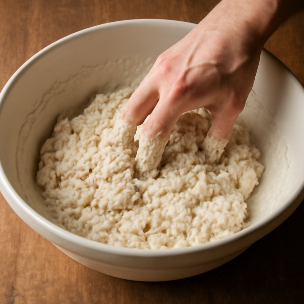 Mixing dough by hand using claw technique bringing flour into buttermilk