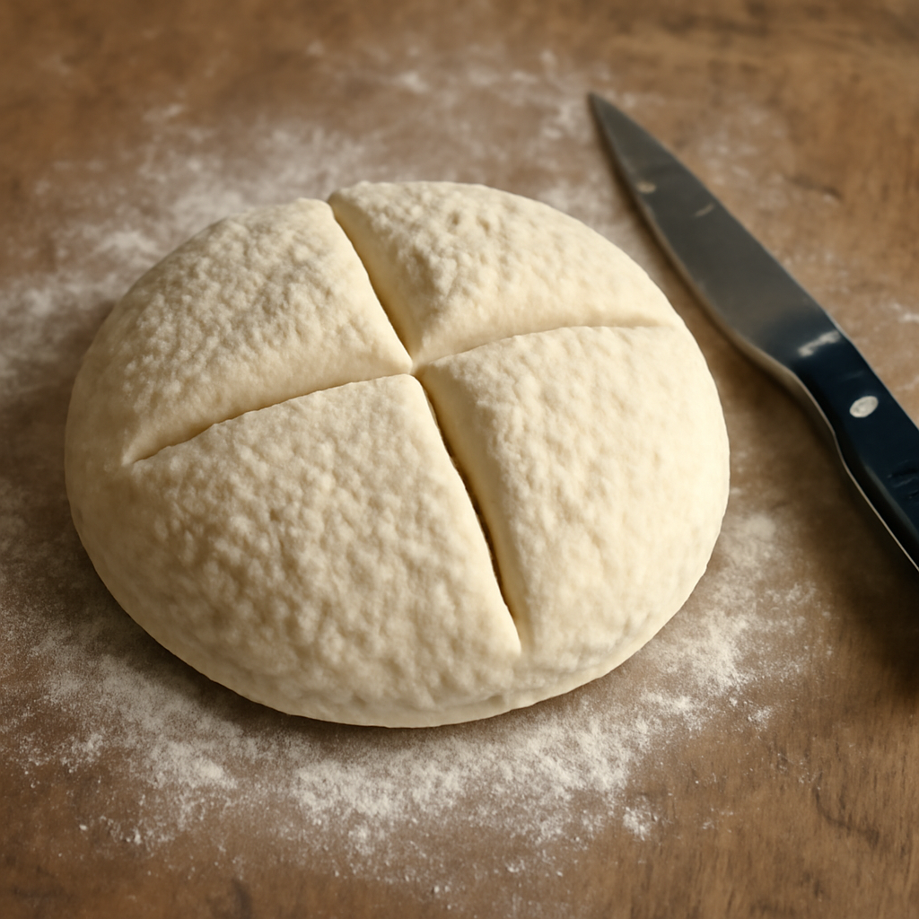 Scoring the cross into the shaped raw dough round before baking