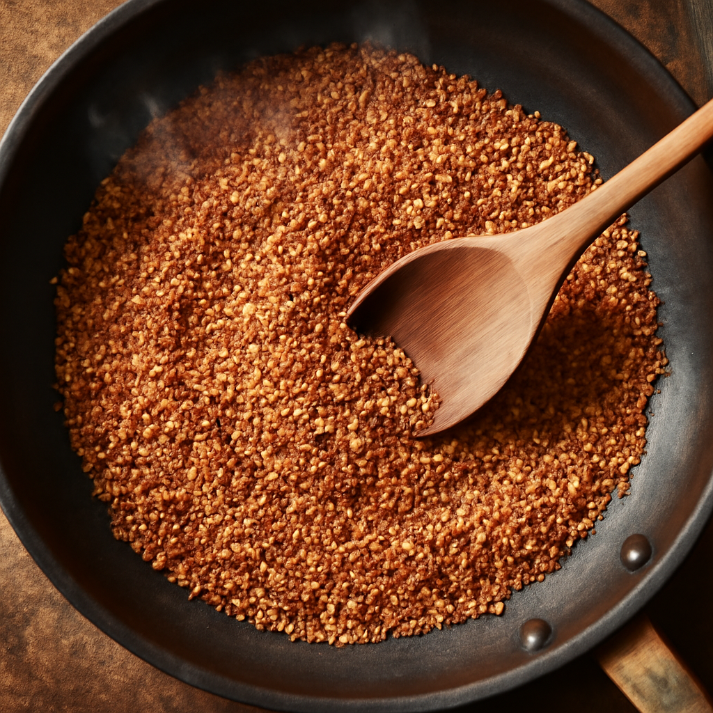 Toasting the pinhead oatmeal in a dry frying pan until deep golden brown