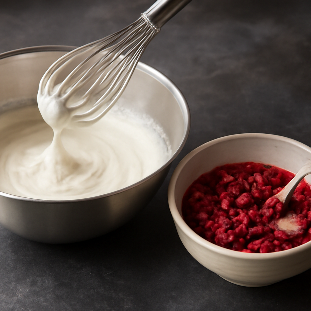 Crushing raspberries with sugar to make the macerated base and whipping cream to soft peaks