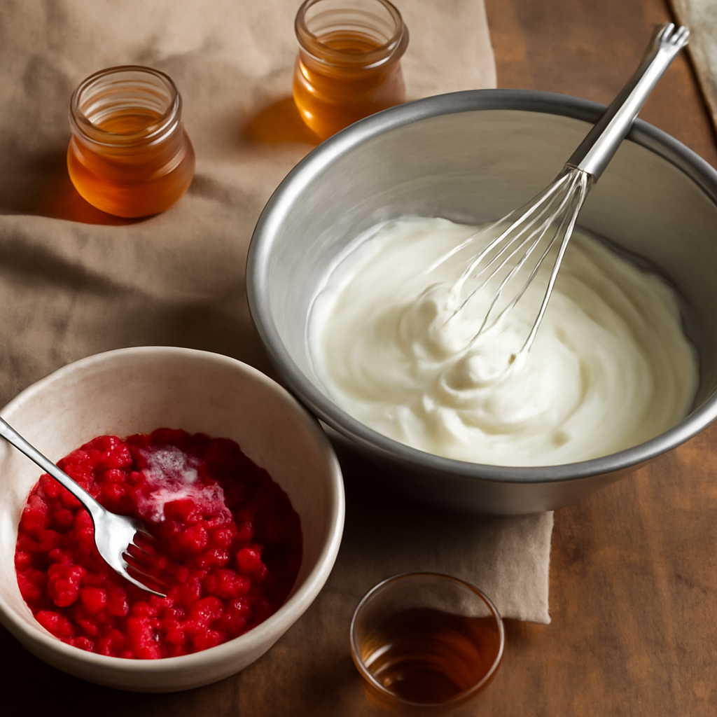 Crushing raspberries with sugar and whipping cream to soft peaks, then folding in honey and whiskey