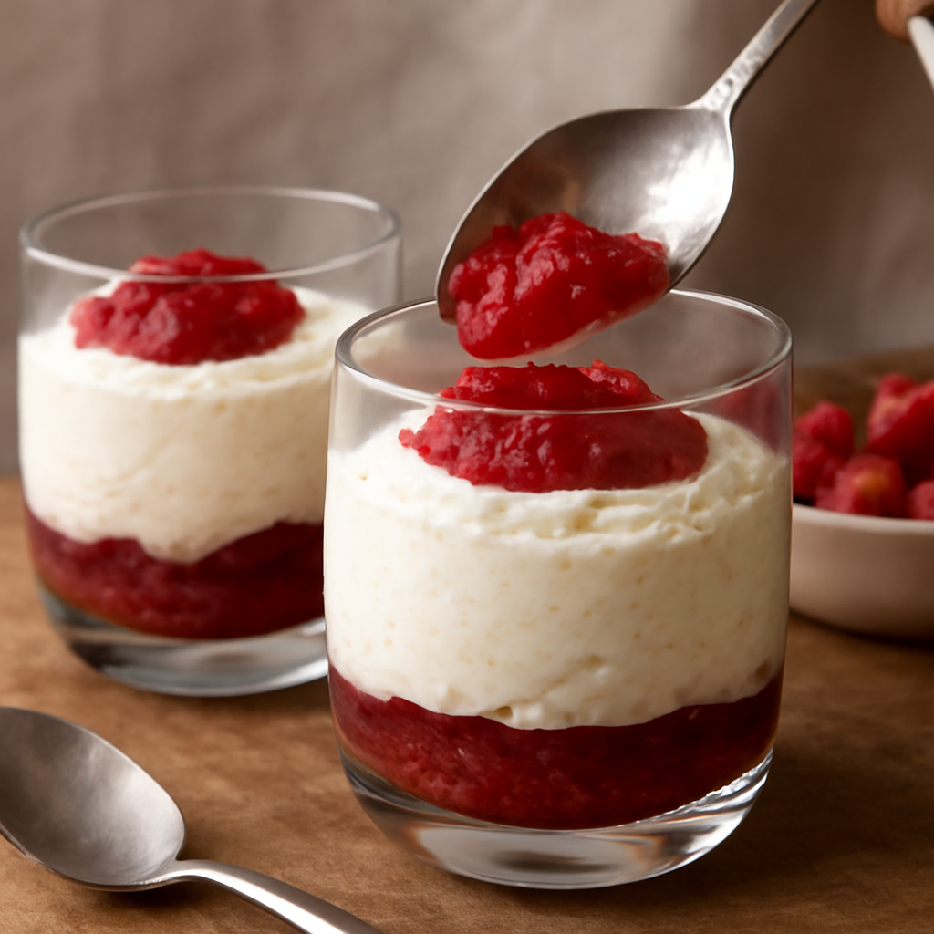 Layering macerated raspberries and oatmeal cream into glass tumblers just before the final topping