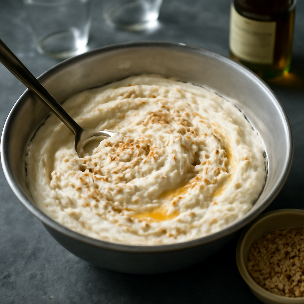 Folding toasted oatmeal and whiskey-honey into the whipped cream just before layering