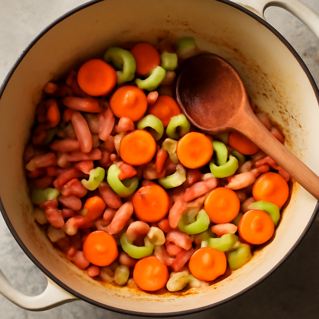 Adding vegetables and aromatics to the softened bacon and onion base before adding beans and ham