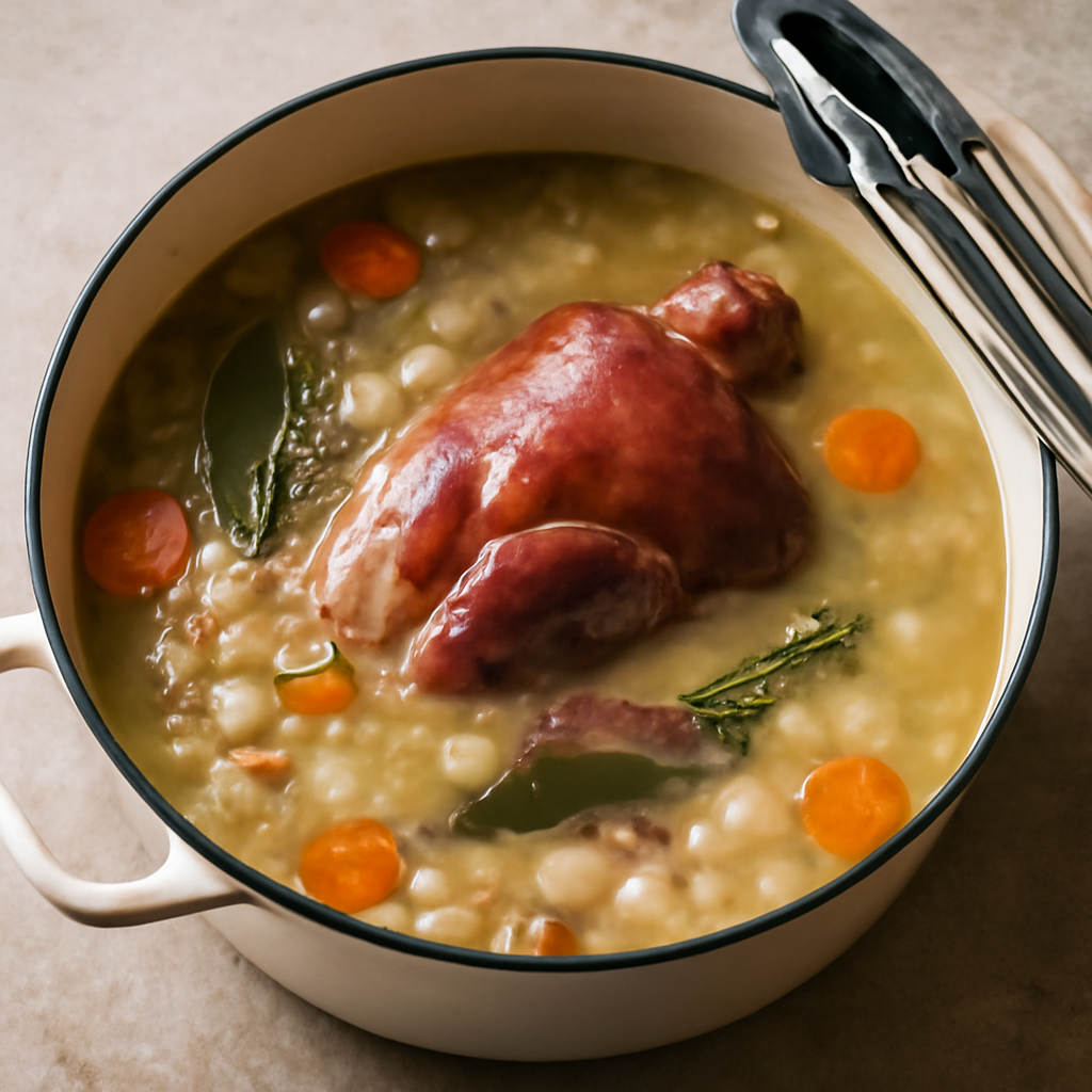 Soup simmering near end of 90-minute cook with ham hock still whole in pot before shredding