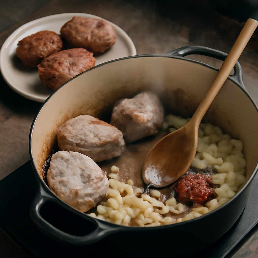 Sear meat in batches and soften onions with garlic and tomato puree