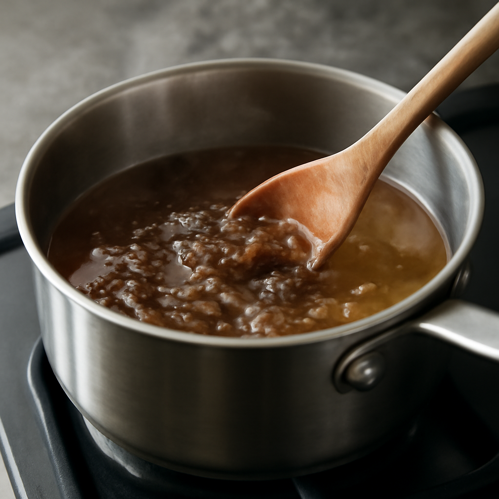 Simmering the carragheen moss in the warm prawn stock until the liquid thickens and becomes slightly gelatinous