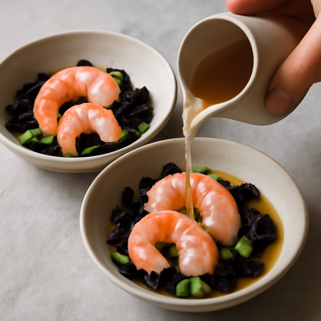 Arranging peeled prawn tails over dulse and spring onions in shallow bowls and pouring the warm carragheen liquid over them before refrigeration