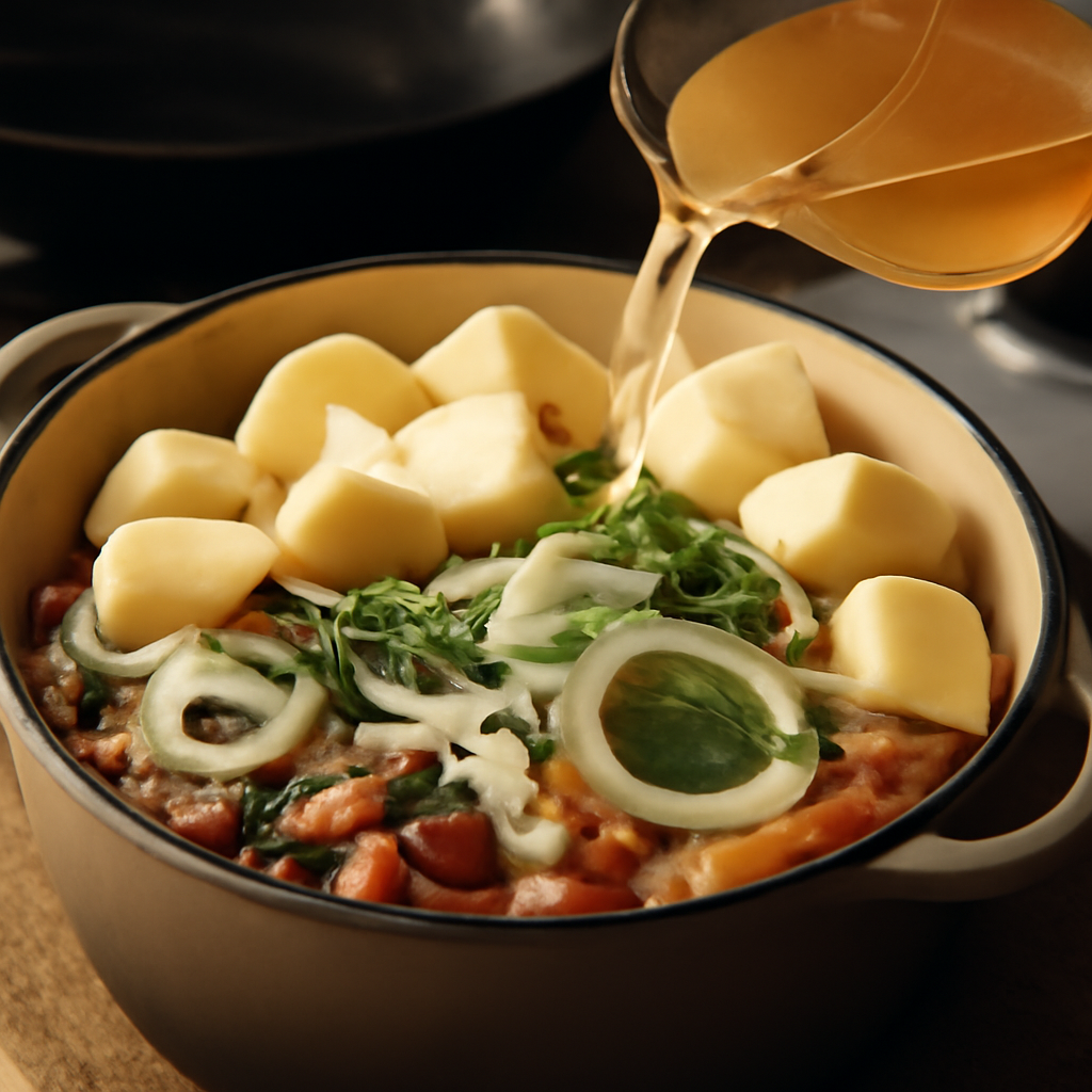 Layering raw potato chunks and sliced onions over the browned meat in the casserole, pouring in stock