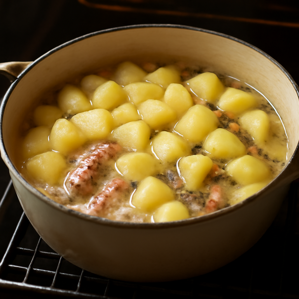 Casserole returned to oven uncovered for final 20-25 minutes — potatoes lightly glazed on top, broth reduced and pale-cloudy