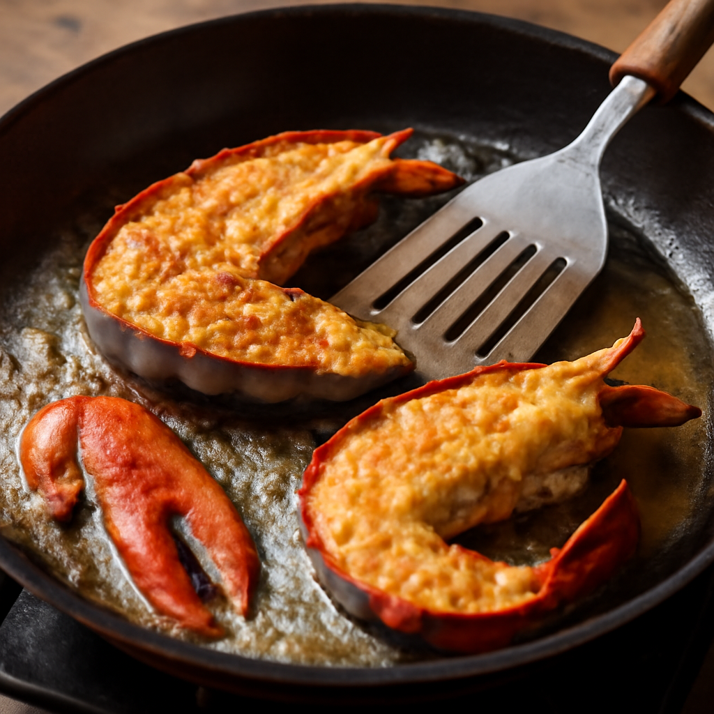 Searing lobster halves cut-side down in a very hot pan with oil and first addition of butter basting