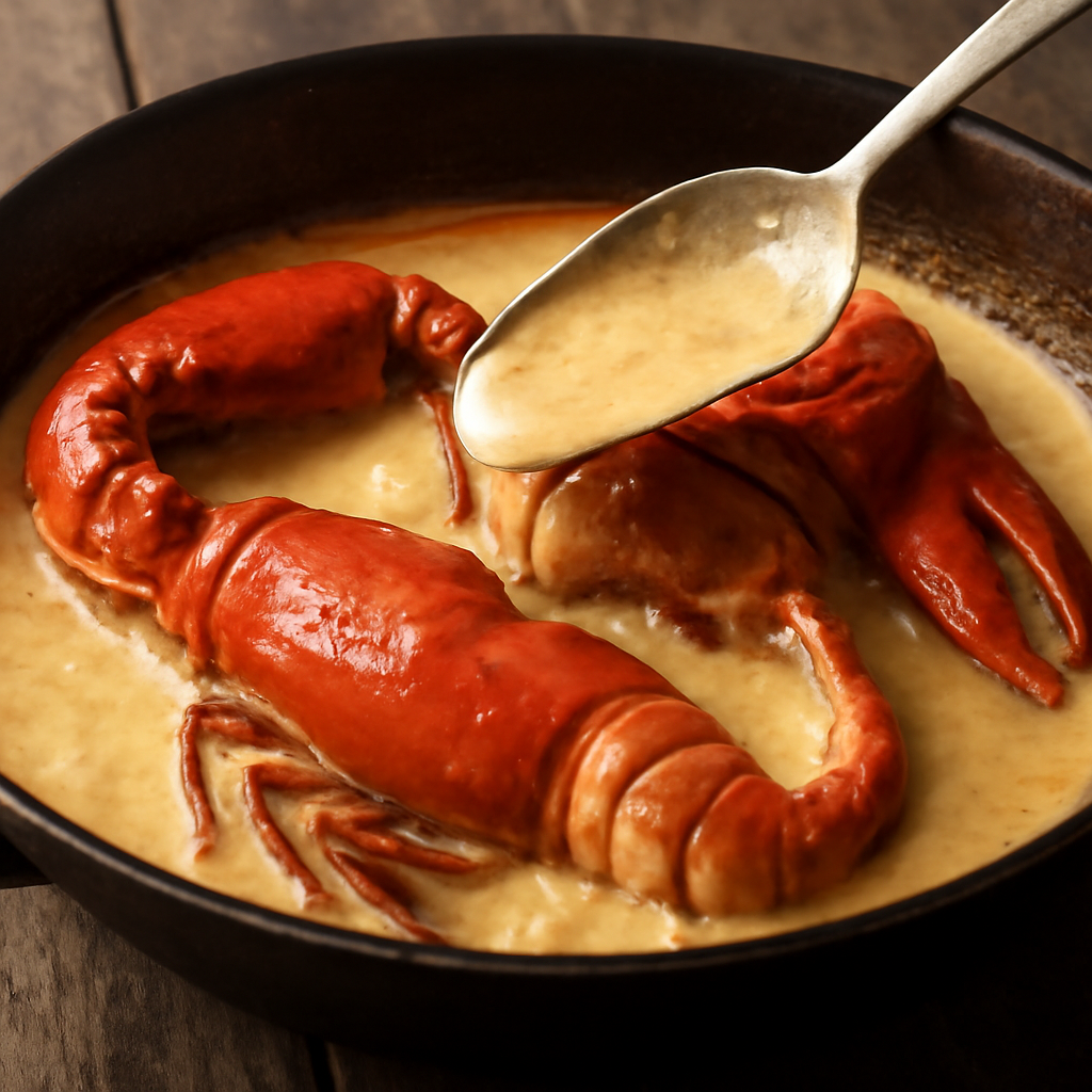 Lobster returned to pan cut-side down in reduced cream and whiskey sauce, being basted continuously just before finishing