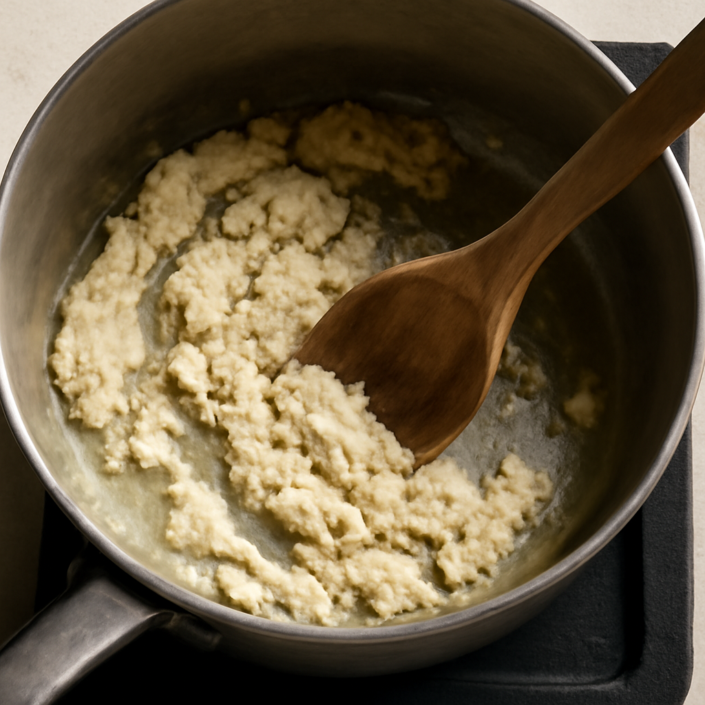 Making the roux by cooking butter and flour together in the saucepan