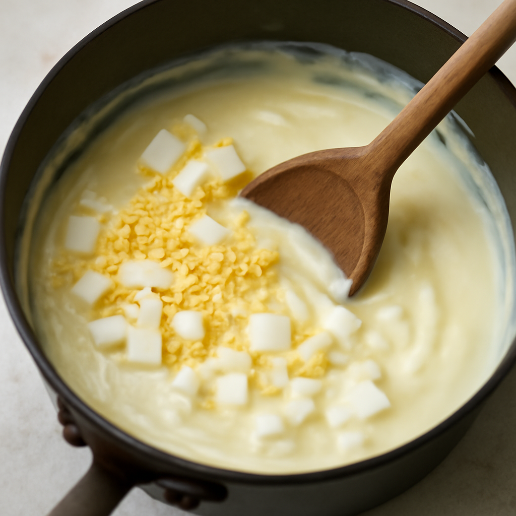 Folding peeled hard-boiled egg whites and crumbled yolks into the finished seasoned béchamel