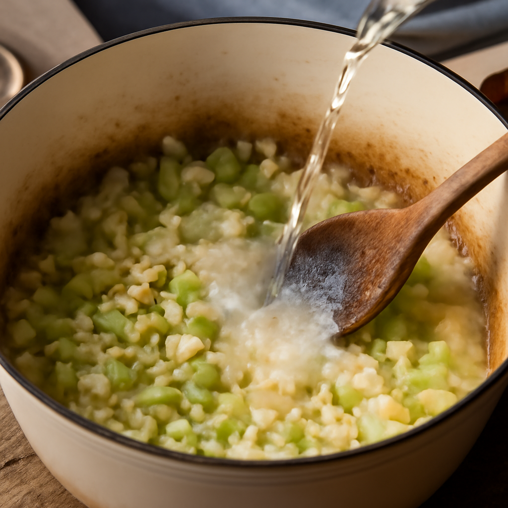 Building the base with softened onion and celery, adding garlic and flour, then deglazing with white wine