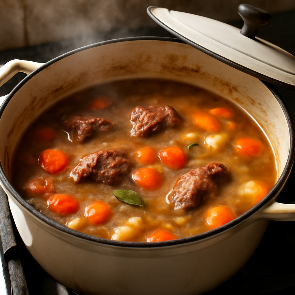 Slow simmering the soup with lamb and vegetables for over an hour until lamb is tender and broth is thickened