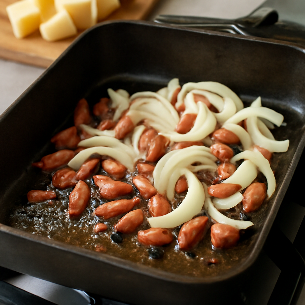 Frying bacon lardons and onion in the roasting tin on the hob
