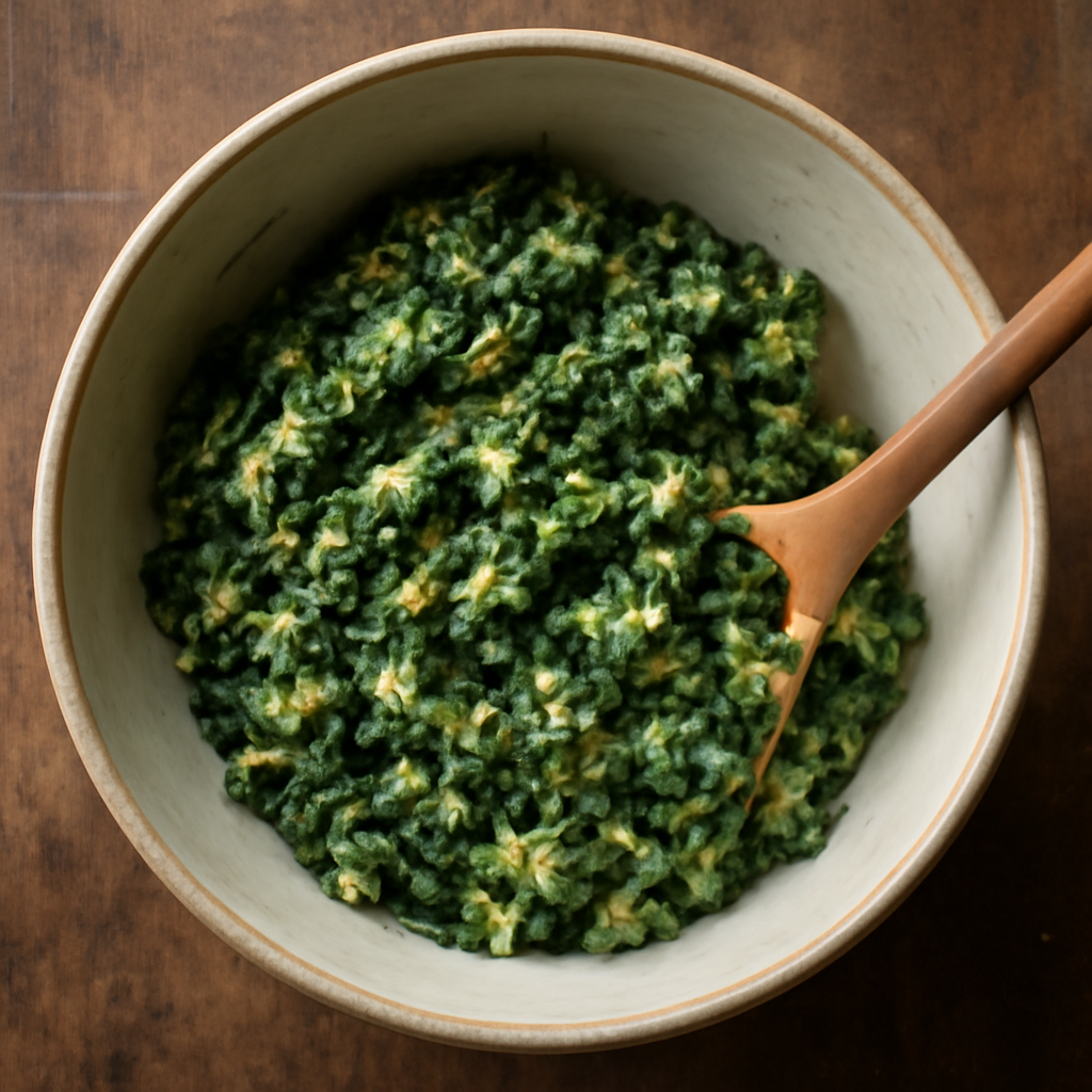 Mixing the cooled spinach filling with cheddar, egg, and mustard