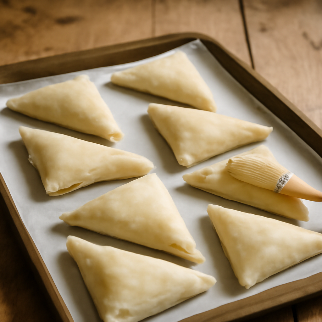 Assembled unbaked parcels brushed with butter on lined tray, ready for the oven