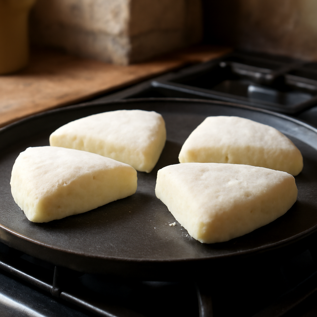 Farls cooking on the griddle on their first side, base forming matte crust with freckles