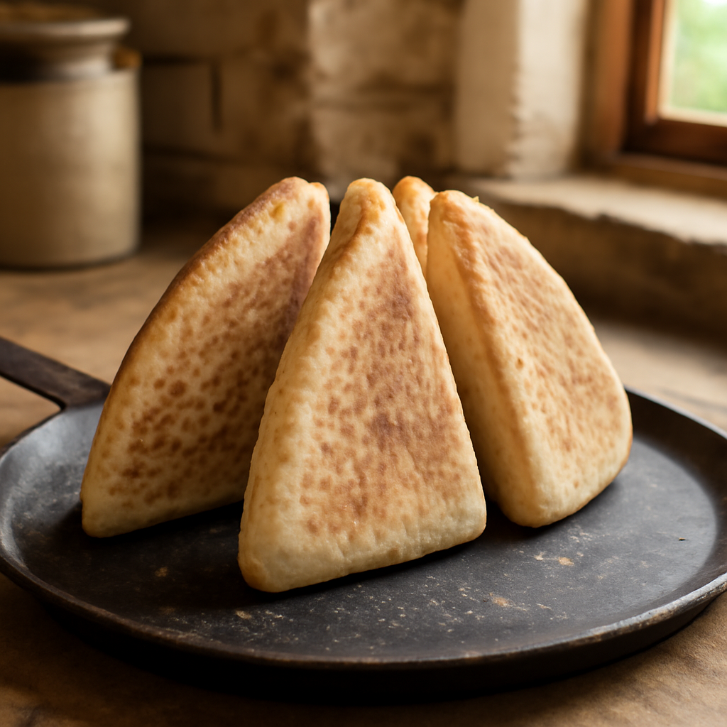 Farls standing on their curved edges leaning together to dry out the sides