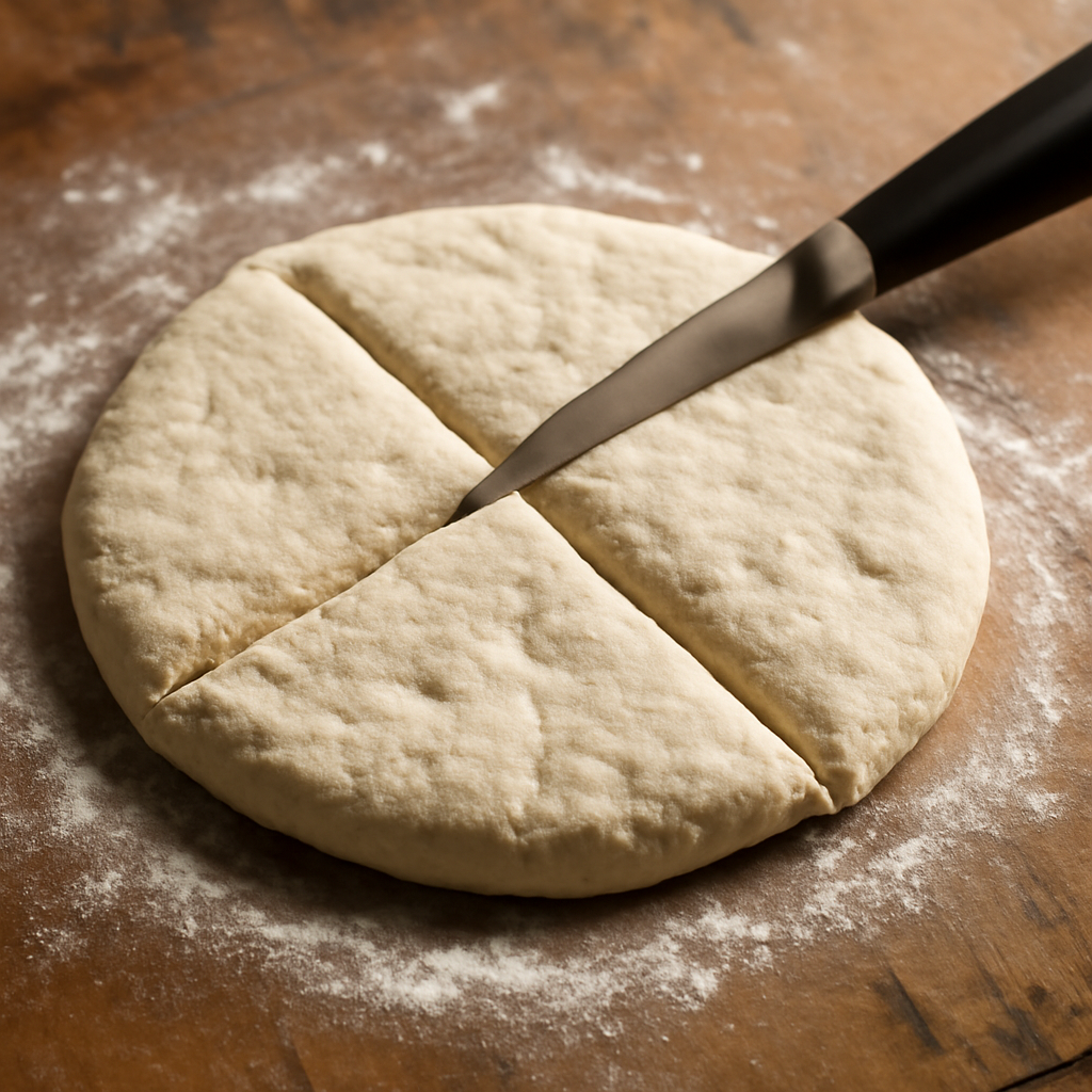 Patting dough into a round disc and cutting into four triangles