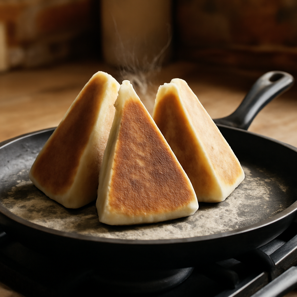 Farls standing on their edges in a tent shape in the pan to cook cut sides