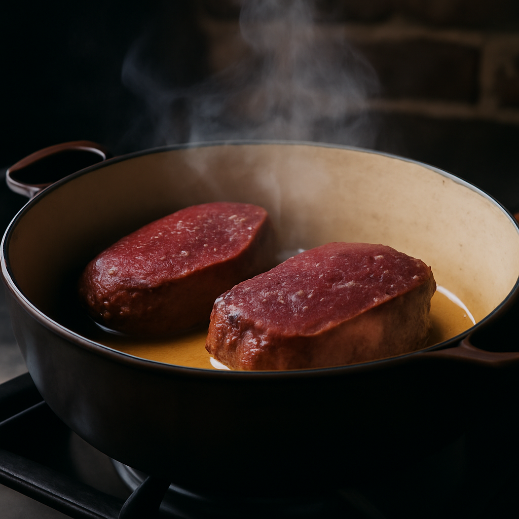 Searing the venison steaks in the hot casserole