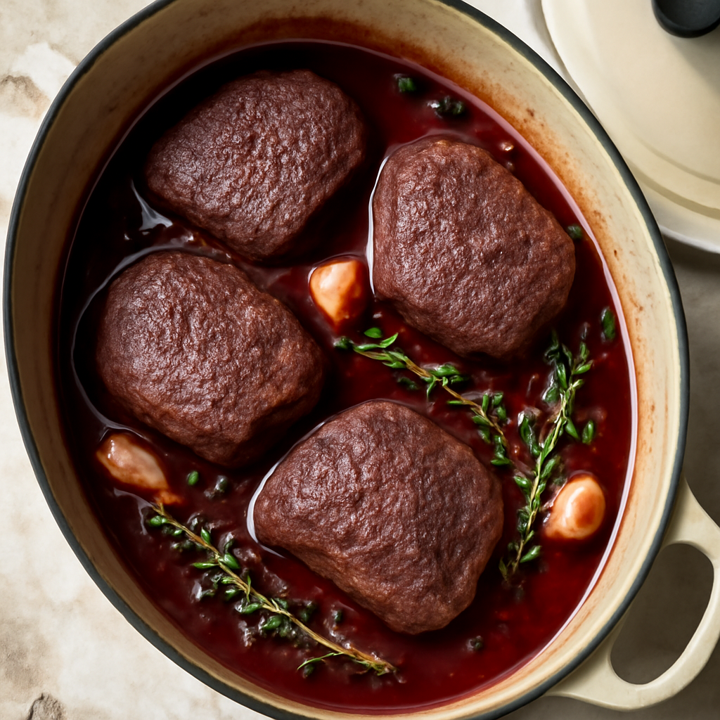 Steaks nestled into the braising liquid, ready to go into the oven