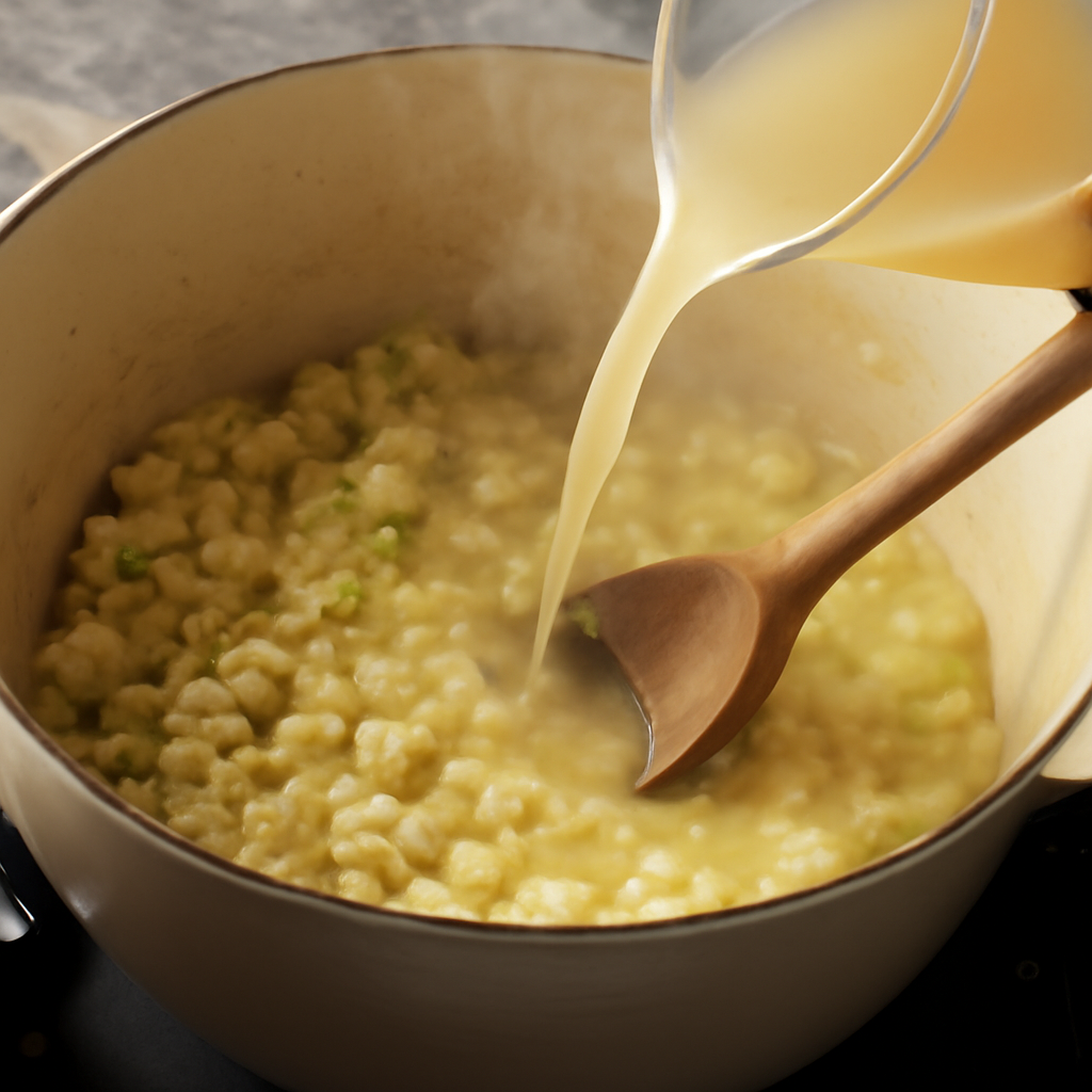 Flour stirred into softened vegetables to form a roux, then warm fish stock added gradually to build the pale broth base