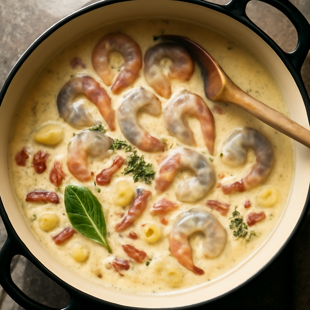 Raw prawns added to the simmering chowder just before final finish, beginning to turn pink and opaque