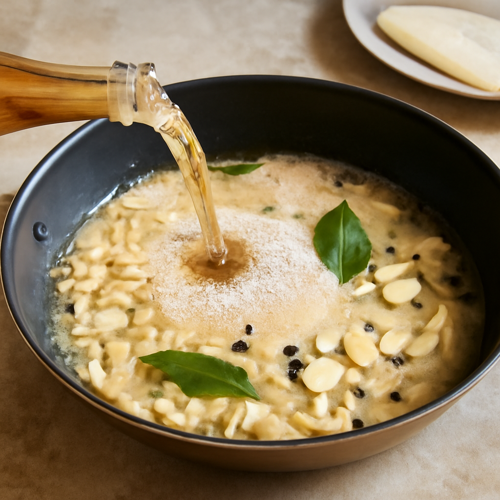 Soften shallots and garlic, pour in cider, and reduce liquid by half