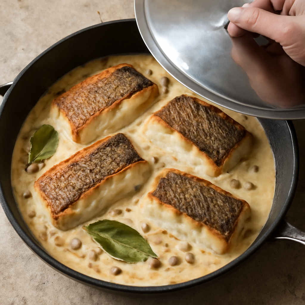 Stir cream and mustard into reduced cider sauce, then nestle seared haddock back into pan to finish cooking covered
