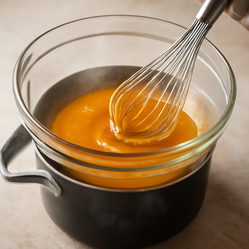 Whisking egg yolks and heather honey over a bain-marie