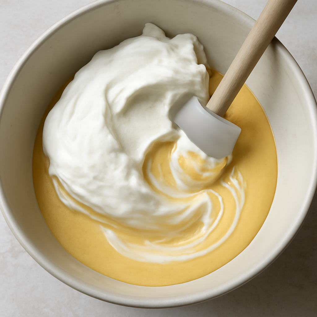 Folding whipped cream into the cooled honey and yolk base