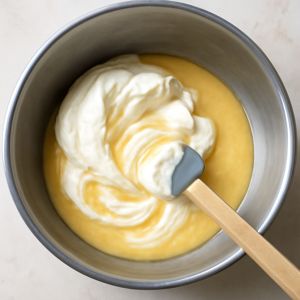 Folding whipped cream into the cooled honey and yolk base