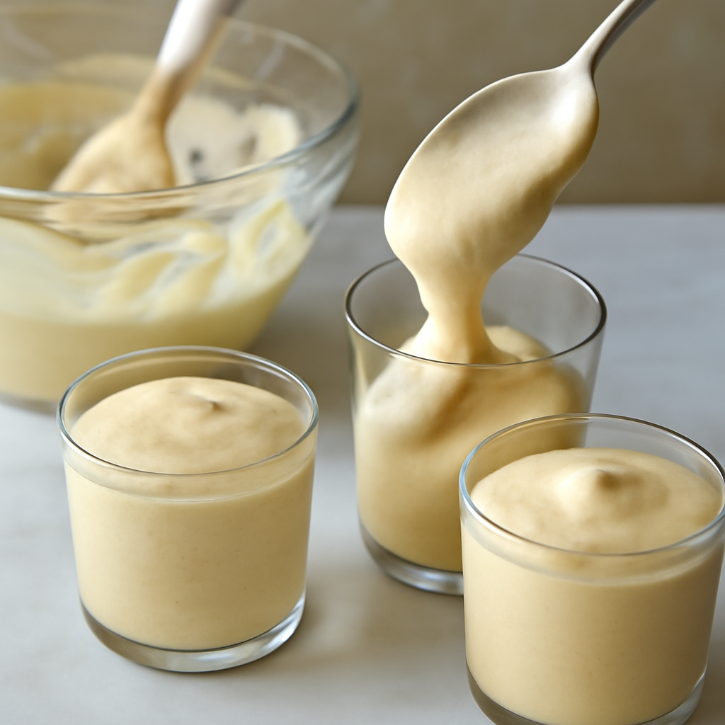 Dividing finished mousse mixture into small glasses before refrigeration
