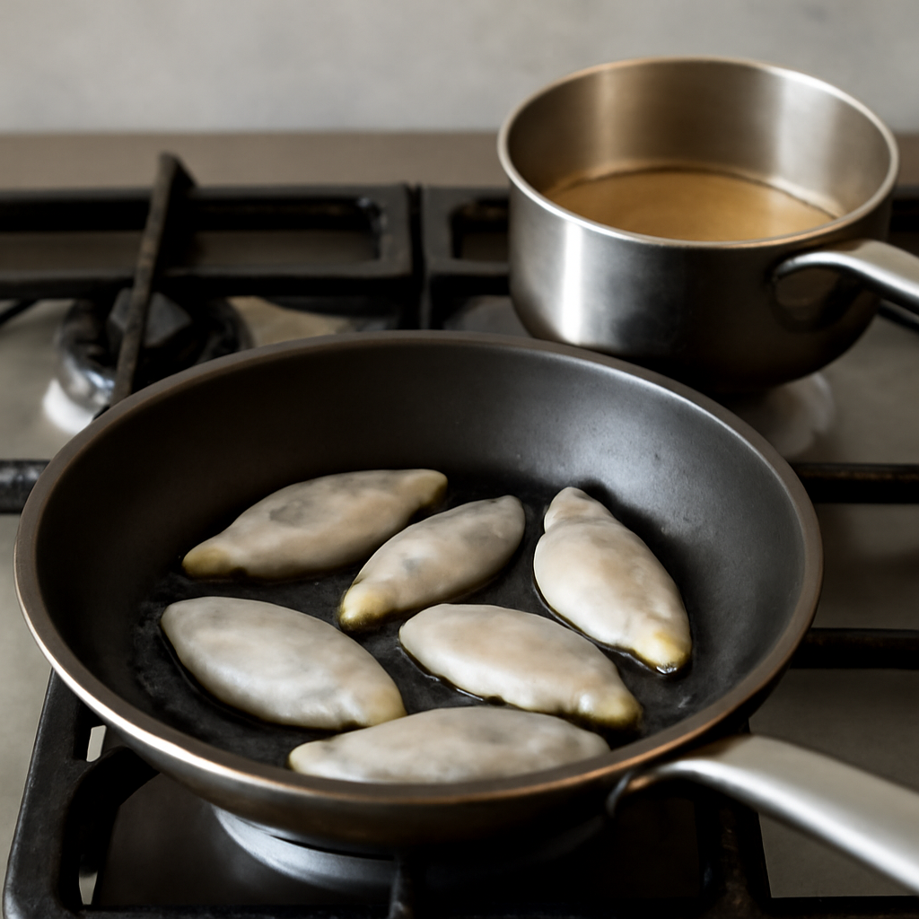 Sear herring roe in dry frying pan while wine and stock reduction is underway in the saucepan