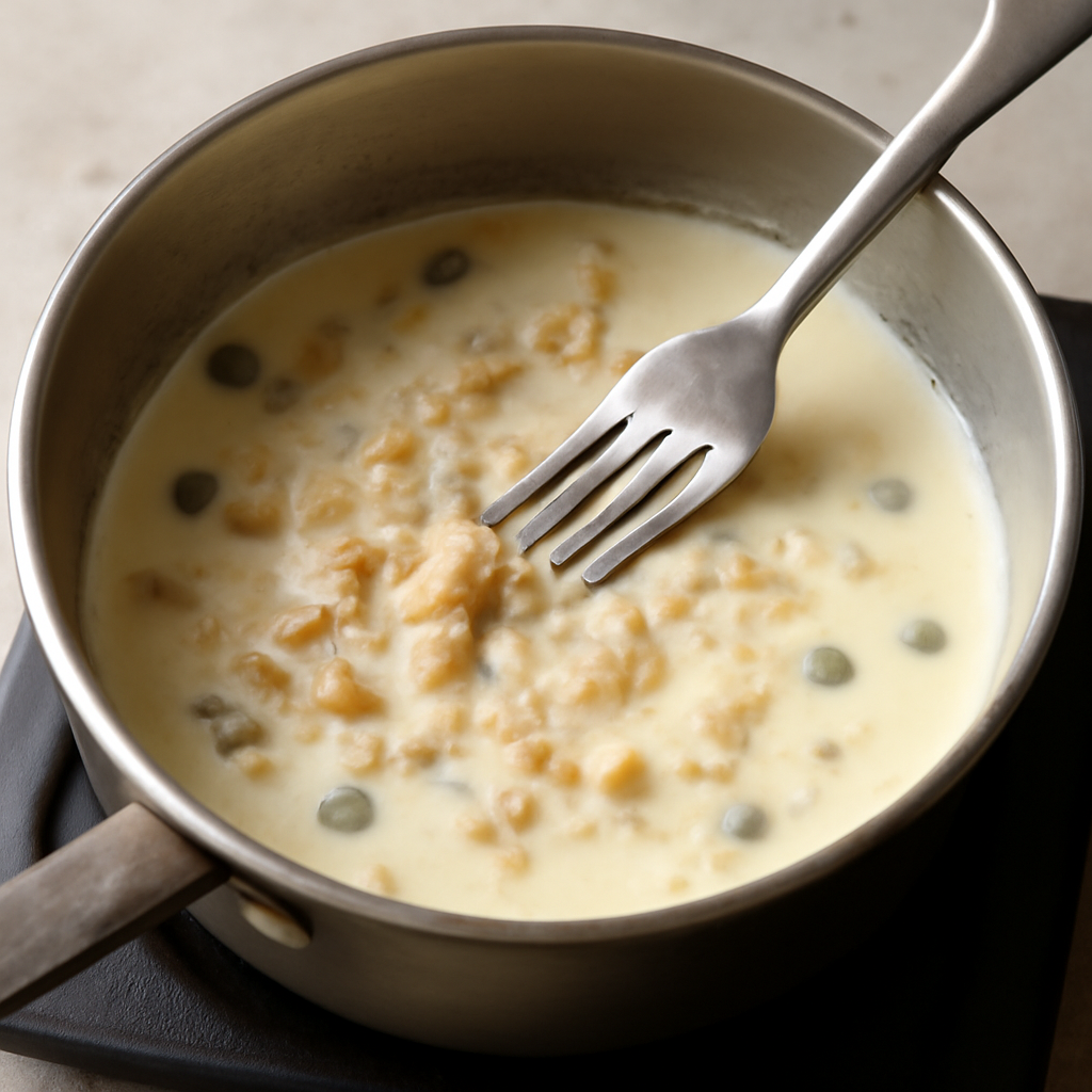 Break cooked roe into the cream and mustard sauce base just before finishing with cold butter